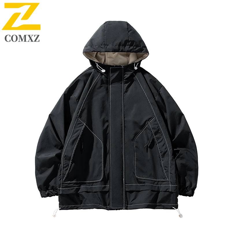 Men Casual Sports Hooded Jacket Autumn Water-Resistant Windbreaker Loose Fit Outdoor Coat Lightweight Breathable Streetwear Top