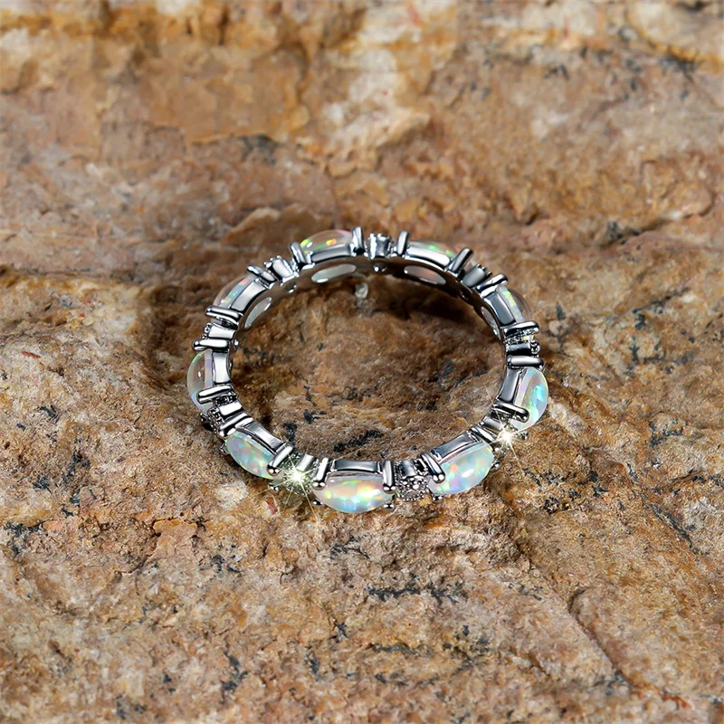 Boho Female Small Oval Stone Ring Fashion Rose Gold Silver Color Wedding Rings For Women Blue White Fire Opal Engagement Ring