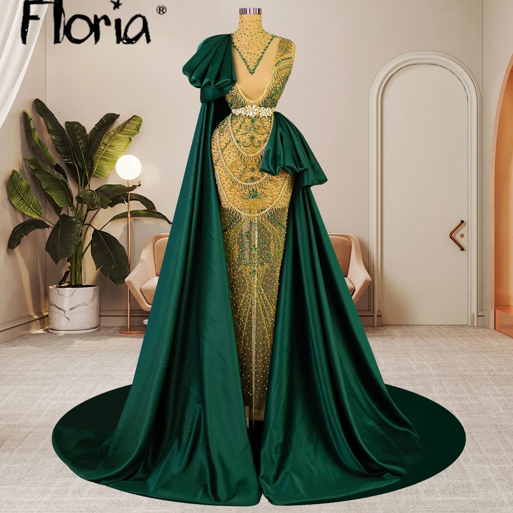 

Luxury Fashion Green Long Celebrity Dresses Custom made Dubai Heavy Beaded See Through Evening Dresses Vestidos De Fiesta Beads