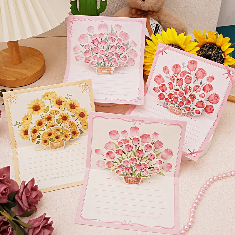 Greeting Cards Pop-Up 3d Tulips Roses Sunflowers Bouquet Mother'S Day Blessings Creative Card Gift For Mother