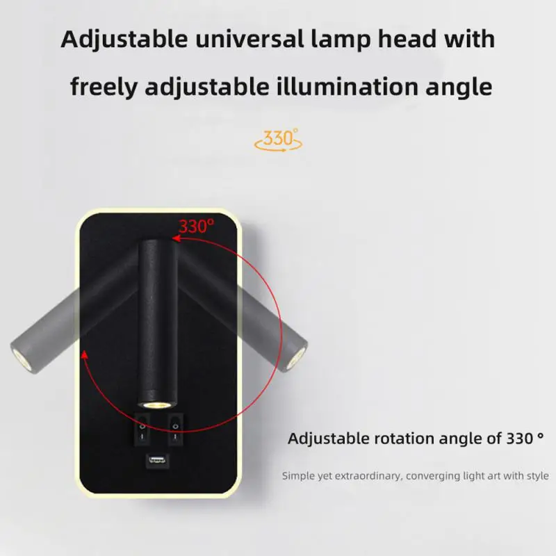 스위치가 있는 LED 조명 스포트라이트, 침대 옆 침실 호텔 복도용 실내 조명, USB 충전, 220v, 350 도 회전