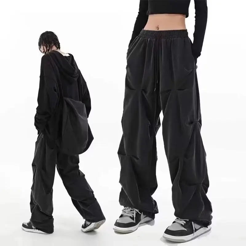 

y2k Wide Leg Cargo Pants Women Solid Joggers Tech Pants Autumn Low Waist Punk Hip Hop Baggy Trousers Streetwear Casual Drawstrin