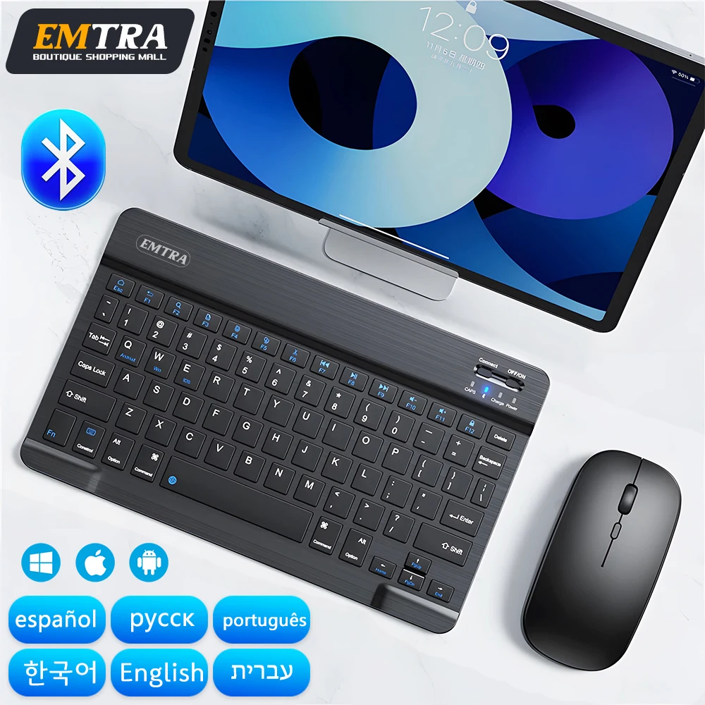 Teclado e Mouse sem Fio Bluetooth Emtra Samsung Xiaomi Huawei Tablet Ipad Air Mini Pro Espanhol Coreano Russo