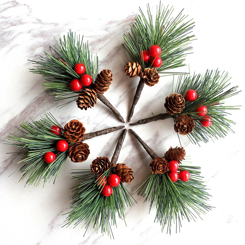 3pcs Pine Needle Mini Christmas Tree Accessories Gift Box Decor Artificial Flower Xmas Decorative Ornament Desktop Red Fruit