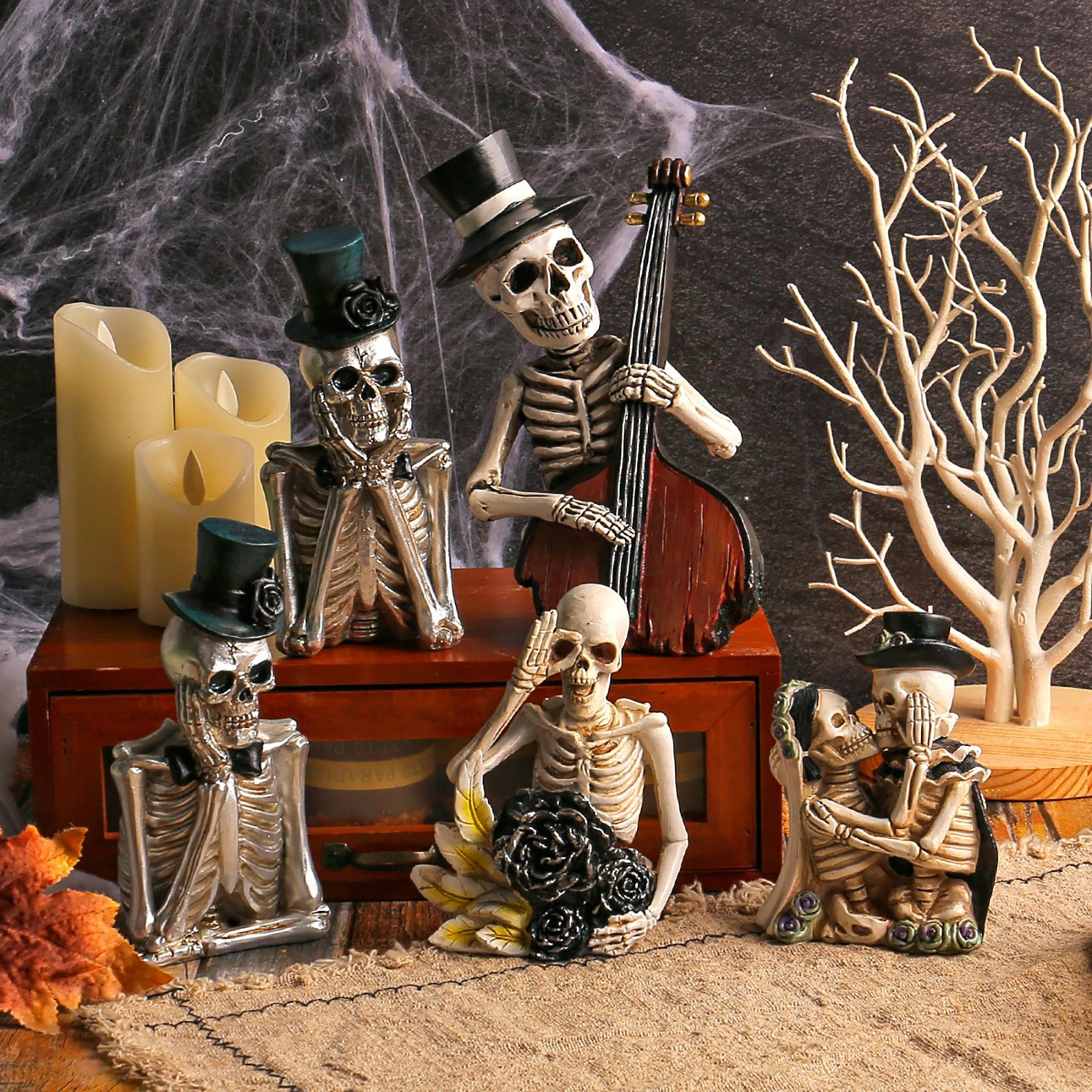 Halloween Cartoon Skeleton Figurine Halloween Ornament Resin Crafts Statue Fun Festive Decor 2025 Halloween Decor for Home