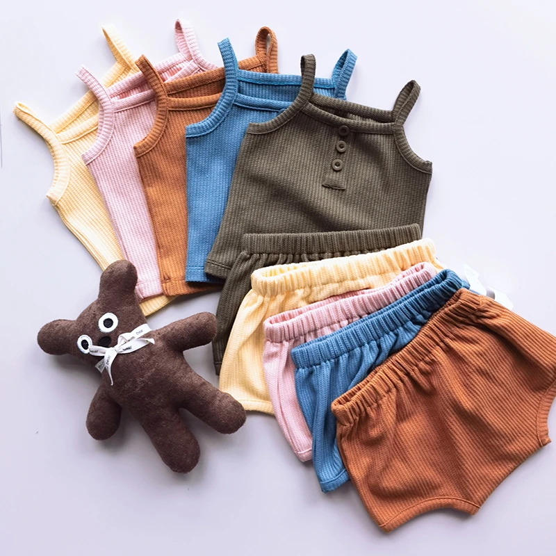vintage Baby Clothing Set Baby Clothes Sets Summer Toddler Girl Strap Suits Cotton Solid Baby Boy Tops Tee and Shorts Infant Tracksuit Newborn Sets stylish baby clothing set