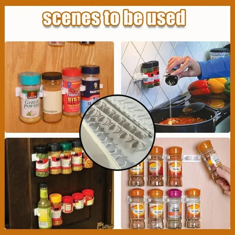 

New Spice Bottle Rack Kitchen Storage Rack Wall Mount Jars Holder Tools Plastic Clip Jar Rack Cabinet Door Hooks Ingredient