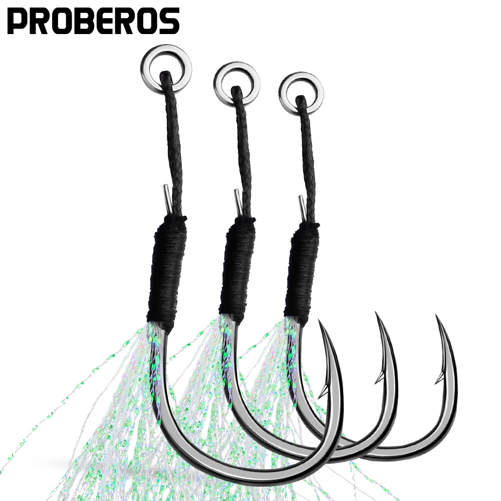 

PROBEROS 10Pcs Metal Jig UV Light Assist Hooks 11-19# Jigging Spoon Fishhooks With PE Line Feather Solid Ring Fishing Hooks