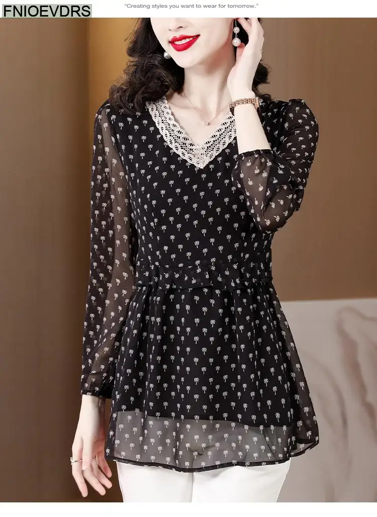 M-5XL 2023 Women European Style Office Lady Long Shirt Patchwork Lace Floral Print Ruffle Belly Black Tunic Peplum Top Blouse