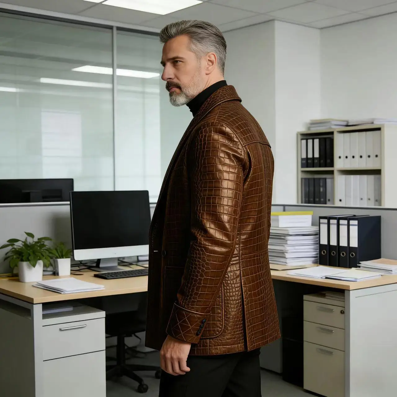 Men's Crocodile Embossed Leather Blazer Double Breasted Business Casual Brown Jacket Office Wear Formal Plus Size Suit Coat