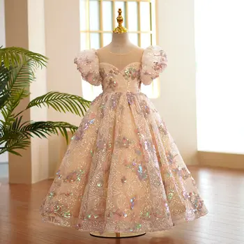 Girls' Sequin Floral Princess Dress with Puff Sleeves for Special Occasions, Pageants, Birthdays & Formal Banquets 1