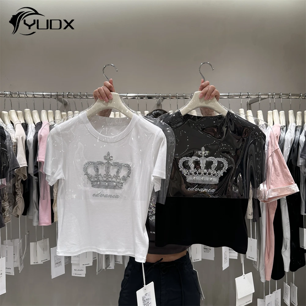 

YUDX 2024 New Summer Women Chic Basic Shirts Slim Short Sleeve T-shirt Luxury Crown Diamonds Beads Spice Girls Crop Cotton Tops