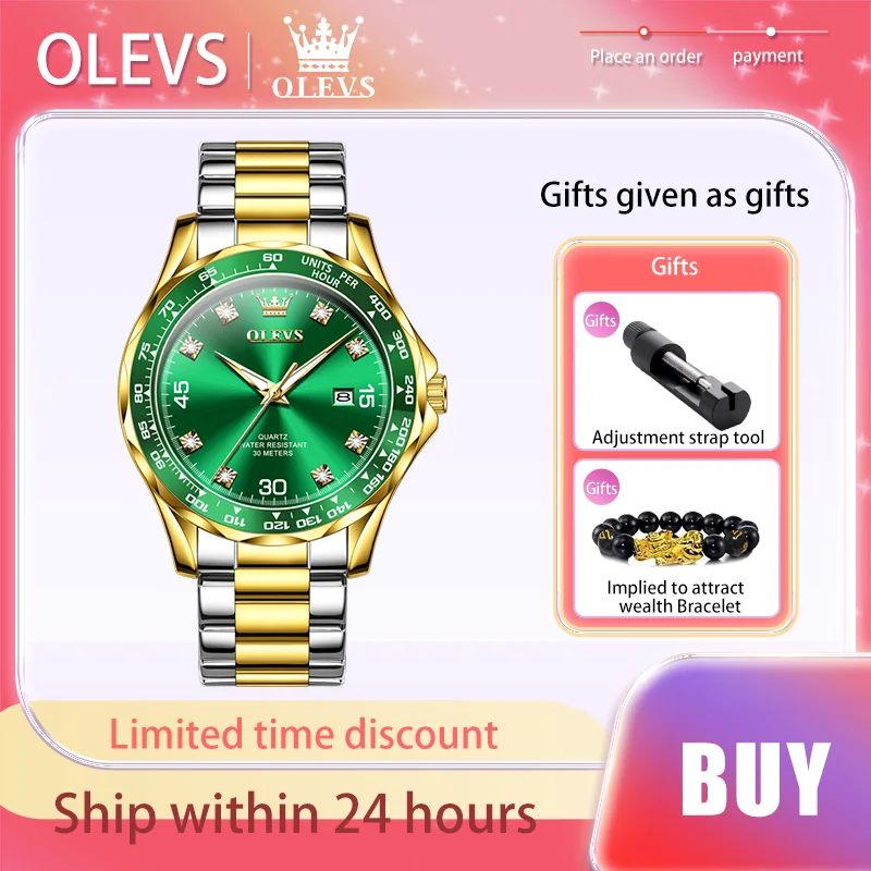 OLEVS Luxury Brand Quartz watch Stainless Steel Strap Waterproof Men's Watches Green Calendar Fashion Original Brand Wristwatch