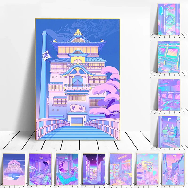Настенный художественный постер в стиле 80-х Vaporwave городская ночь уличная кошка
