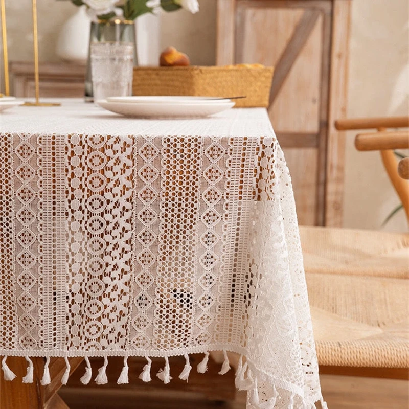 Tovaglie rotonde in pizzo con nappe, copravolo in cotone