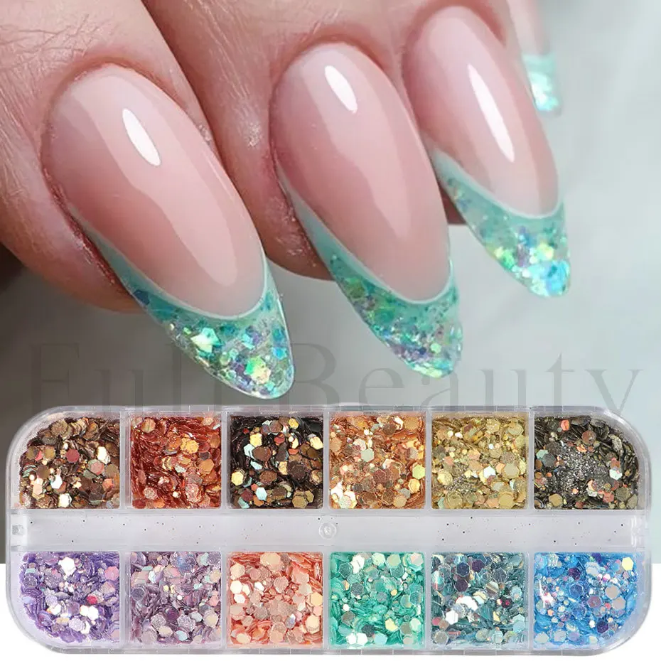 Mirror Iridescent Nail Art Sequins Holographic Mixed Hexagon Chunky Nail  Glitter Powder Flakes Sparkly Spangles Manicure LAGB