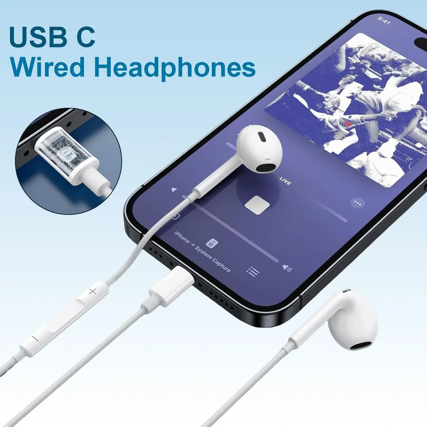 Type-C Wired Semi-in-Ear Earphones with Mic and Volume Control - Includes USB Adapter