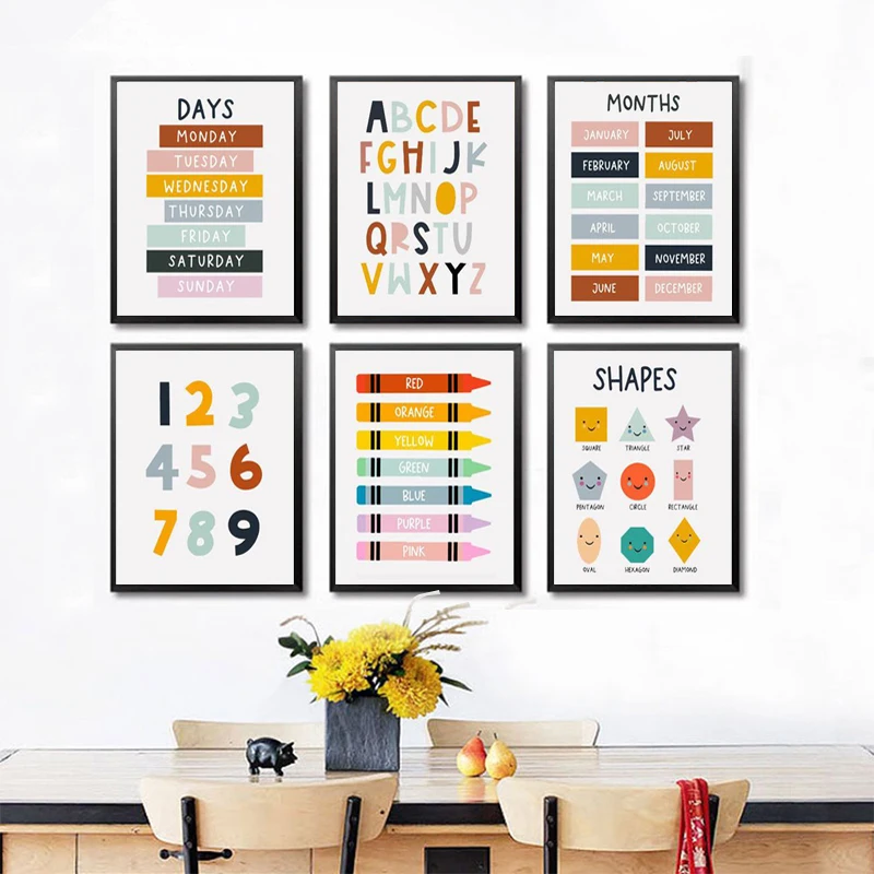 

Numbers Alphabet Wall Art Poster Education Canvas Painting Months Days Colors Pictures Nordic Nursery Prints for Baby Room Decor