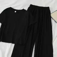 2 Pcs/Set Women T-shirt Pants Set Solid Color Round Neck Outfit Suit Elastic Waist Wide Leg Drawstring Lady Top Trousers Suit