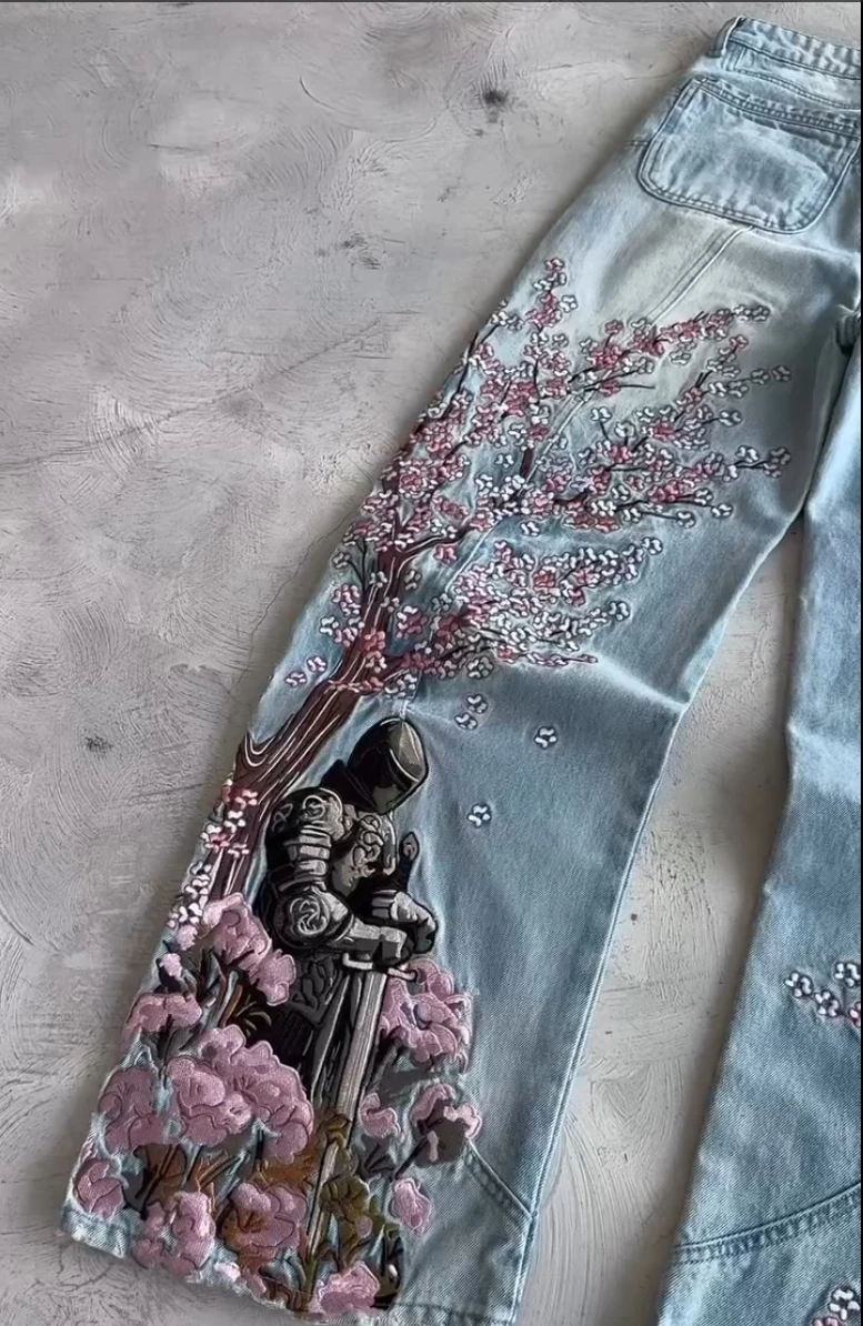 Vintage Cherry Blossom Black Knight Embroidery Jeans Y2k Retro Baggy Straight Denim Pants Blue Wash Jean Men Clothing Streetwear 5