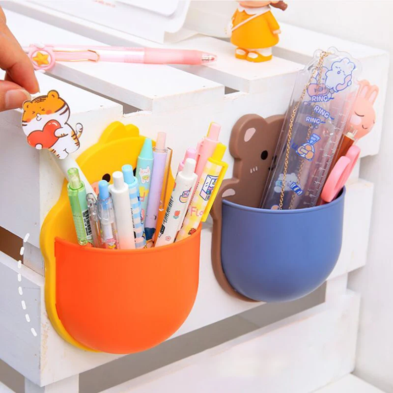 Kawaii Cartoon Bear Bunny Pen Holder Cute Storage Rack Self Adhesive Cosmetics Brushes Holder Korean Stationery Desk Organizer pen holder