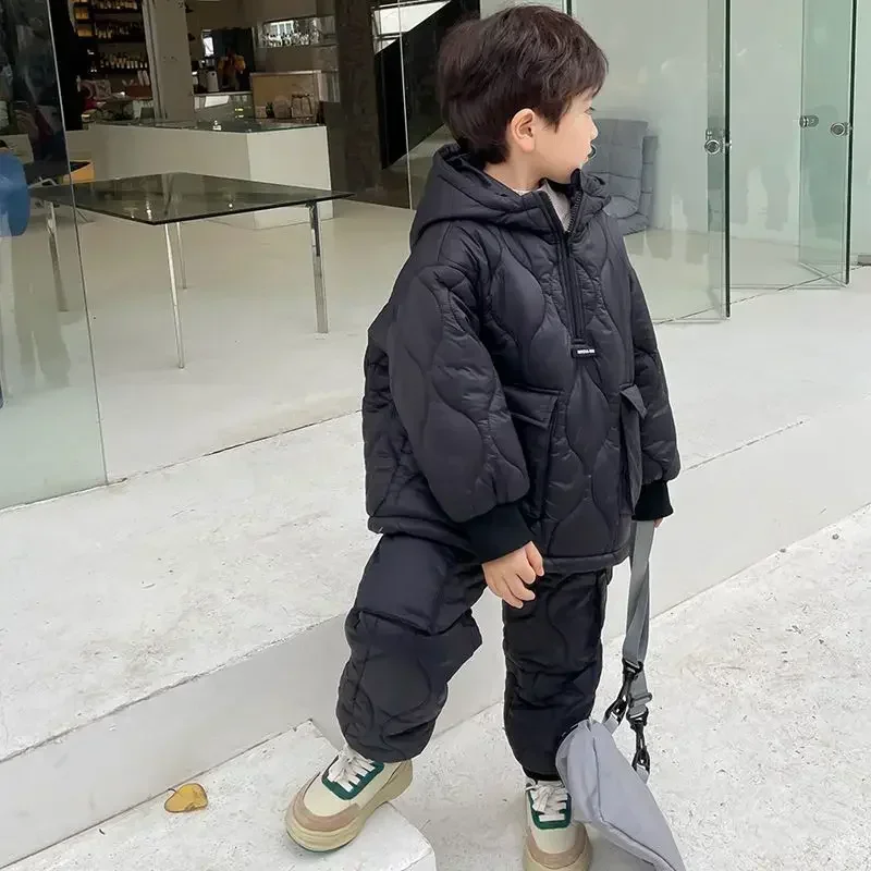Childrens Winter Clothing Boys Cotton Suit Baby Winter Cotton Jacket Plush and Thickened Two-piece Set