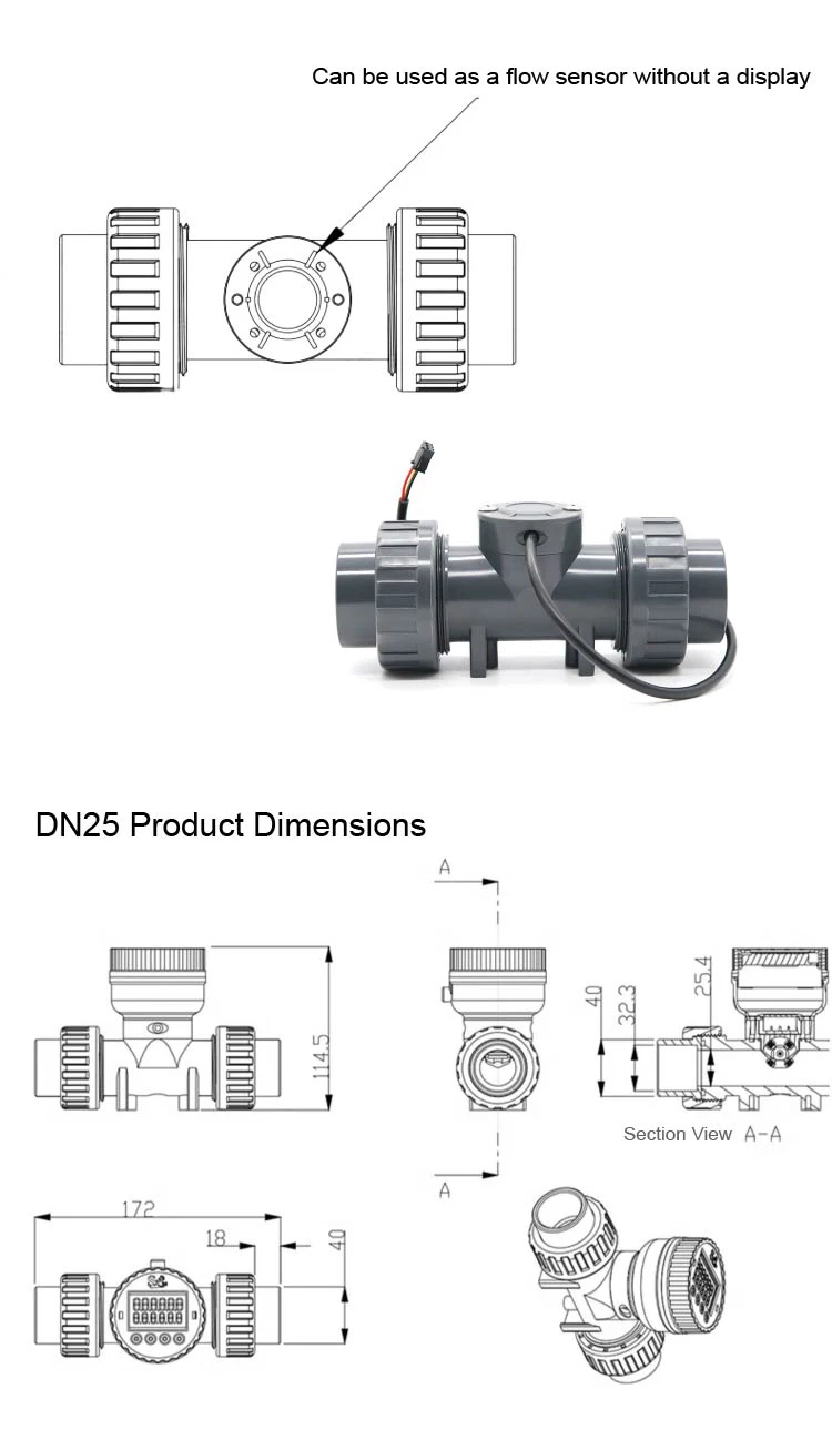 Digital PVC Flow Meter with LCD Display RS485 ‑ Acid and Corrosion Resistant Wat