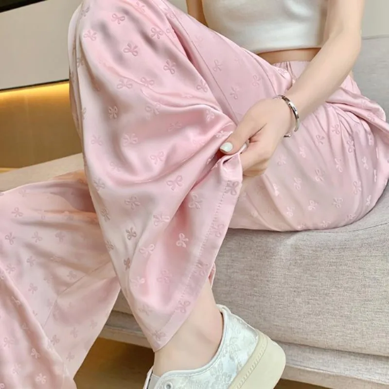 Straight Cylinder Wide Leg Pants Flocking Printing Ice Shreds Female Thin High Waisted Sagging Sensation Acetic Acid Casual