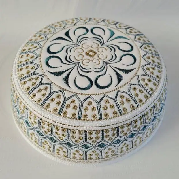 Men Muslim Hat Prayer Cap Chinese Flat top Embroidery Height 5.5cm Spring White