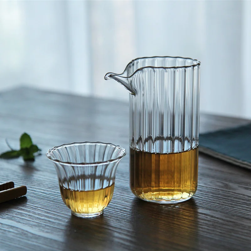 Description Picture 4 of itemJapanese 220ml Vertical Stripe Heat Resistant Glass Fair Cup Tea Pitcher Eagle Mouth Kung Fu Chahai Justice Cup Tea Set