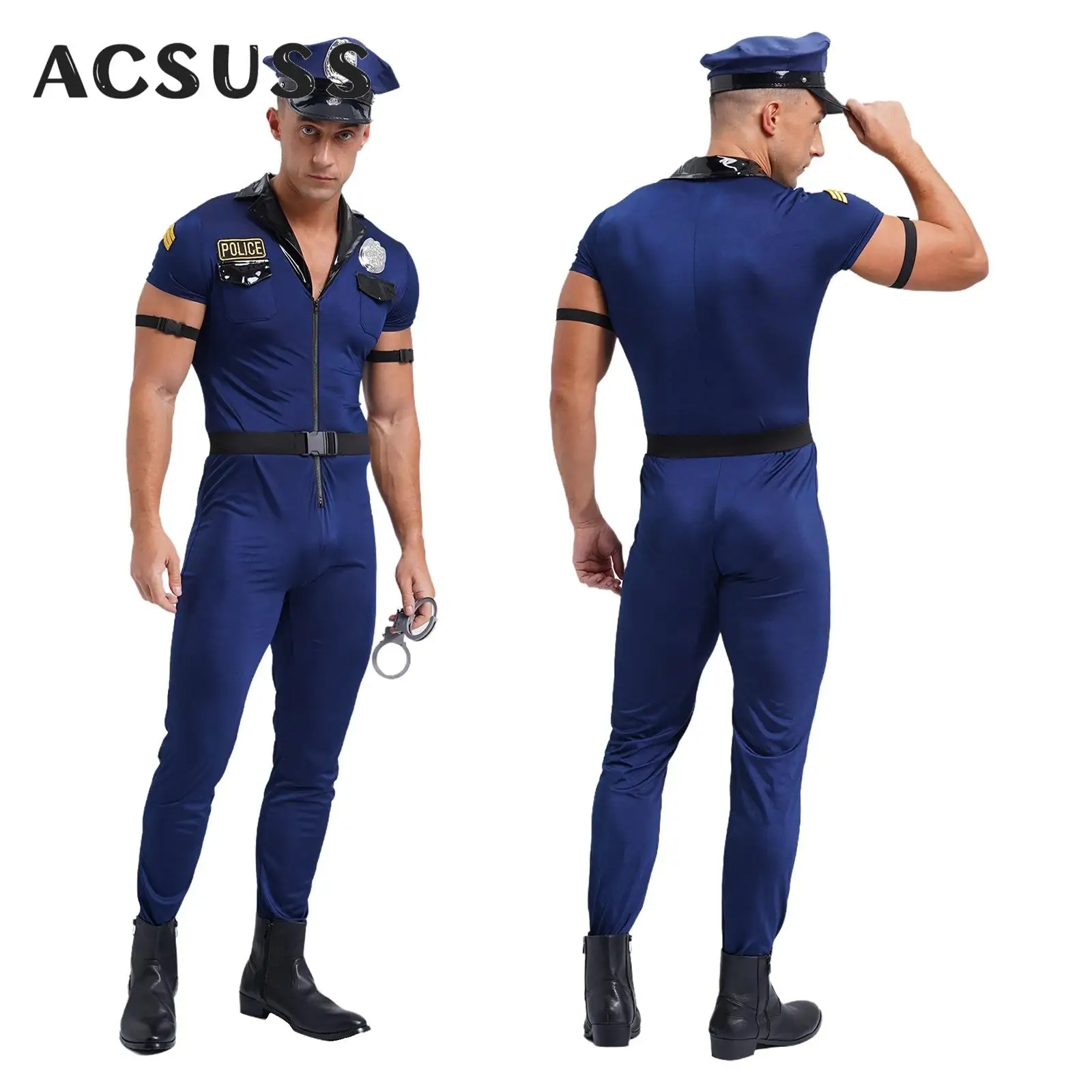 

Mens Police Cosplay Costumes Dirty Cop Uniforms Zipper Long Sleeve Jumpsuit with Manacles Badge 7Pcs Cop Costumes for Halloween