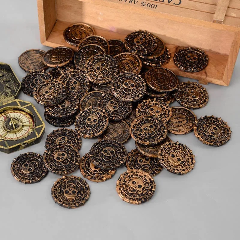 10/50PCS Piraten Münzen Kunststoff Metall Gold Münze Party Cosplay Kostüm Requisiten Schatztruhe Dekoration Geschenk Halloween Zubehör – Detail 9
