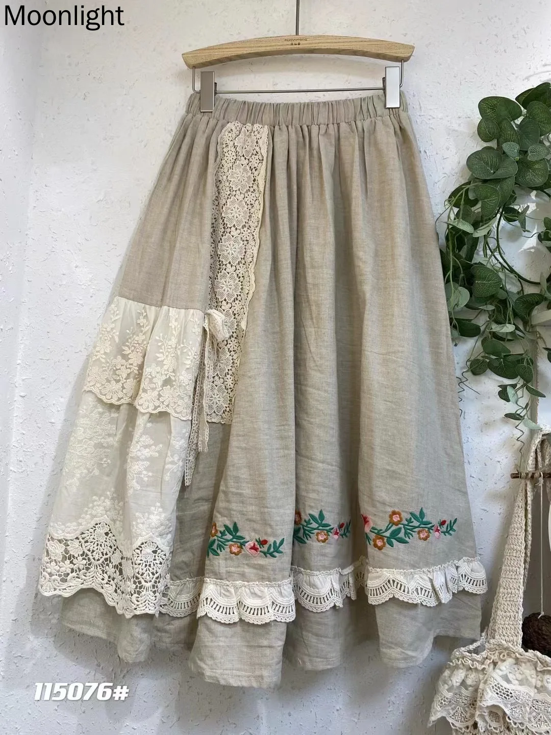 Vintage Embroidery Cotton Linen Skirts Women Japanese Lace  