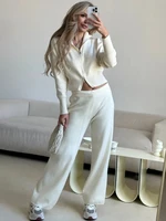 Bornladies Women's New Knit Zip Up Cardigan Wide Leg Pants Set Soft Fabric Cropped Elastic Waist Autumn Winter Fashion Sweater