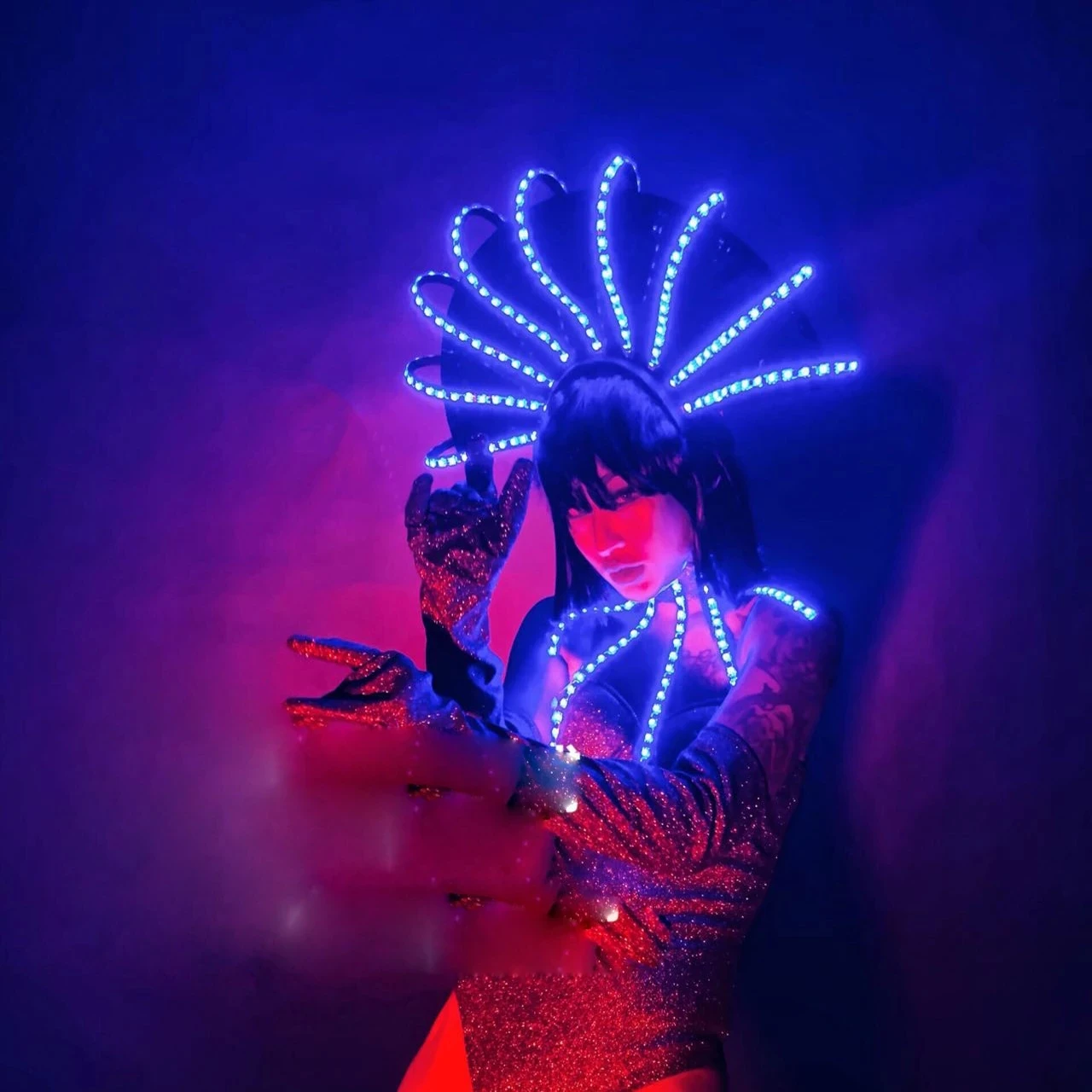 

Sexy women led costume lumious headwear bodysuit full set Stage dance show nighclub bar party wear dancer outfit