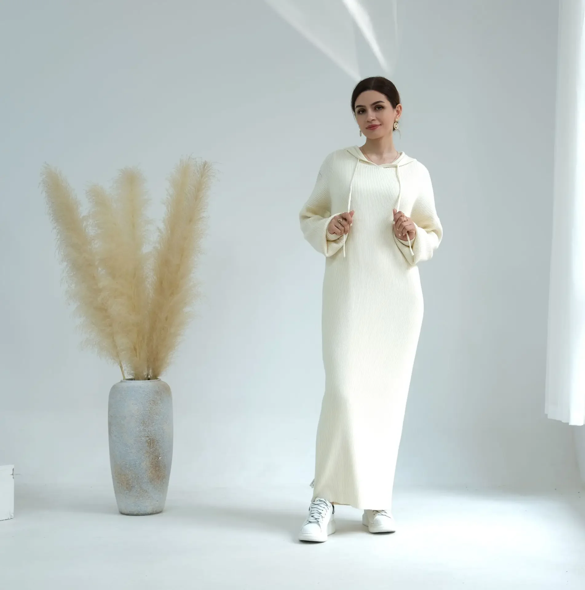 Hooded Sweater Muslim Dress Winter Knitted Abaya for Women Long Sleeve Robe Dubai Turkey Autumn Dresses Islamic Clothing Kaftan