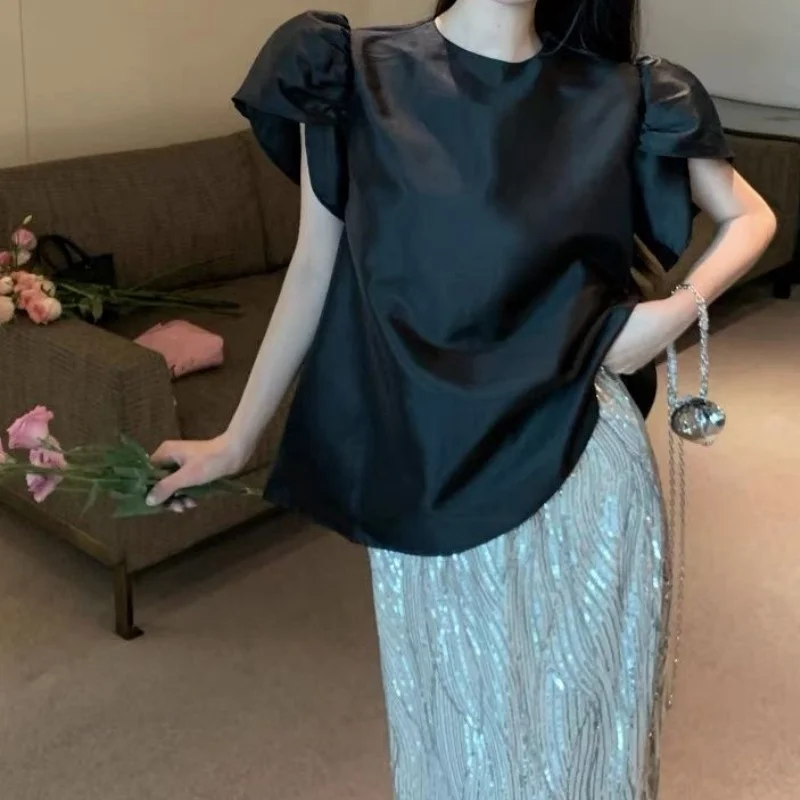 2024 Summer Retro Black Bubble Sleeves Short Sleeved Shirt Sequin Wrapped Hip Skirt 2-piece Set