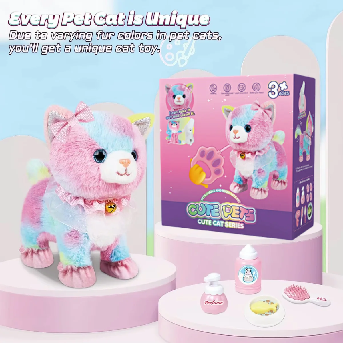 Touch&Voice Controlled Remote Lifelike Walking Cat Toy with Leash,Can Walk, Meow, and Wags Tail, Best Gift for Girls Ages 3+ 3
