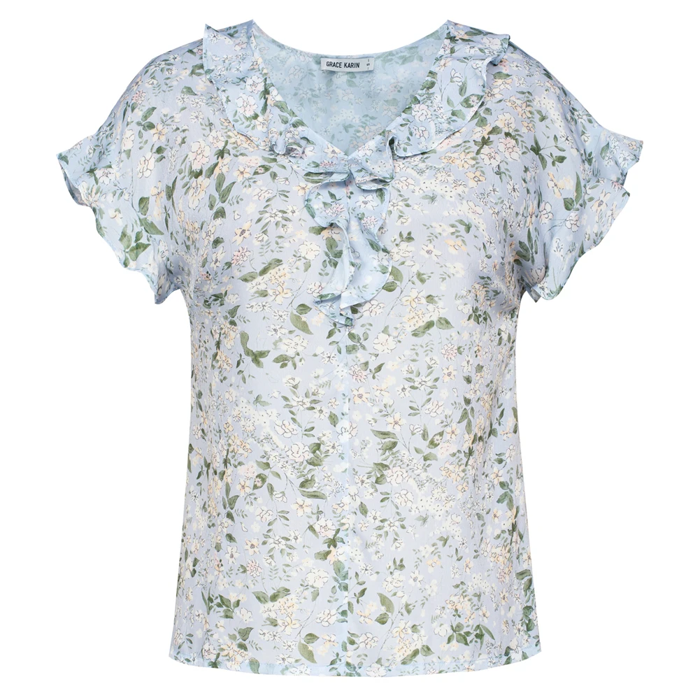 

GK Women Ruffle Decorated Tops Short Sleeve V-Neck Pullover Straight Tops