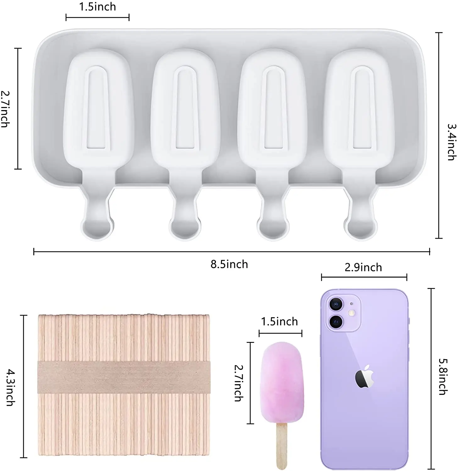 2 Pack Popsicle Molds, 4 Cavities Ice Molds, Silicone Popsicle Molds for  Kids, Cake Mold with 100 Wooden Sticks for DIY Ice Popsicle, Cakesicle Molds  Silicone 