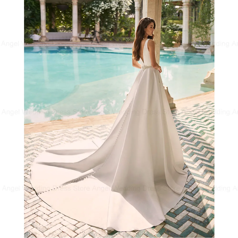 ANGEL Backless Satin Wedding Dresses for Women Sleeveless A-Line V-Neck Bridal Gowns 2024 Beading Zipper Vestido de Novias Boda 2