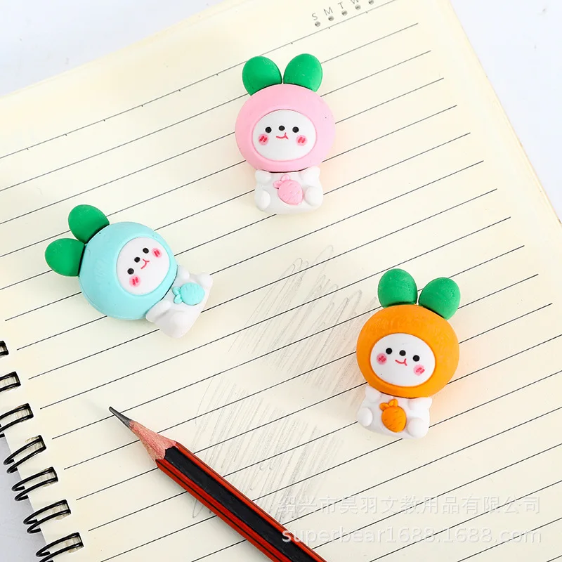 1 Piece Cartoon Cute Radish Rabbit Rubber Eraser For Kids Novelty Stationery Office School Supplies pencil eraser retractable eraser kneadable eraser biscuit eraser plasticine eraser