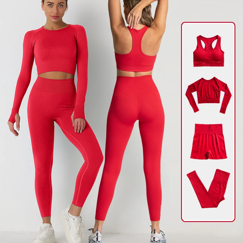 Women's Seamless Yoga Set Workout Sportswear Gym Clothing Fitness Crop Top High Waist Leggings Sports Suits 2/3/4PCS Gym Workout Set Yoga Pants Set Yoga Set Fitness Set Sportswear Set Sports Set