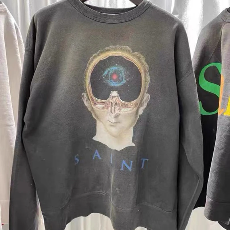 

Saint Michael Sweatshirts Hoodie Men Women Vintage Washed Old Portrait Letters Print Destroy Crewneck Loose Clothing Pullover