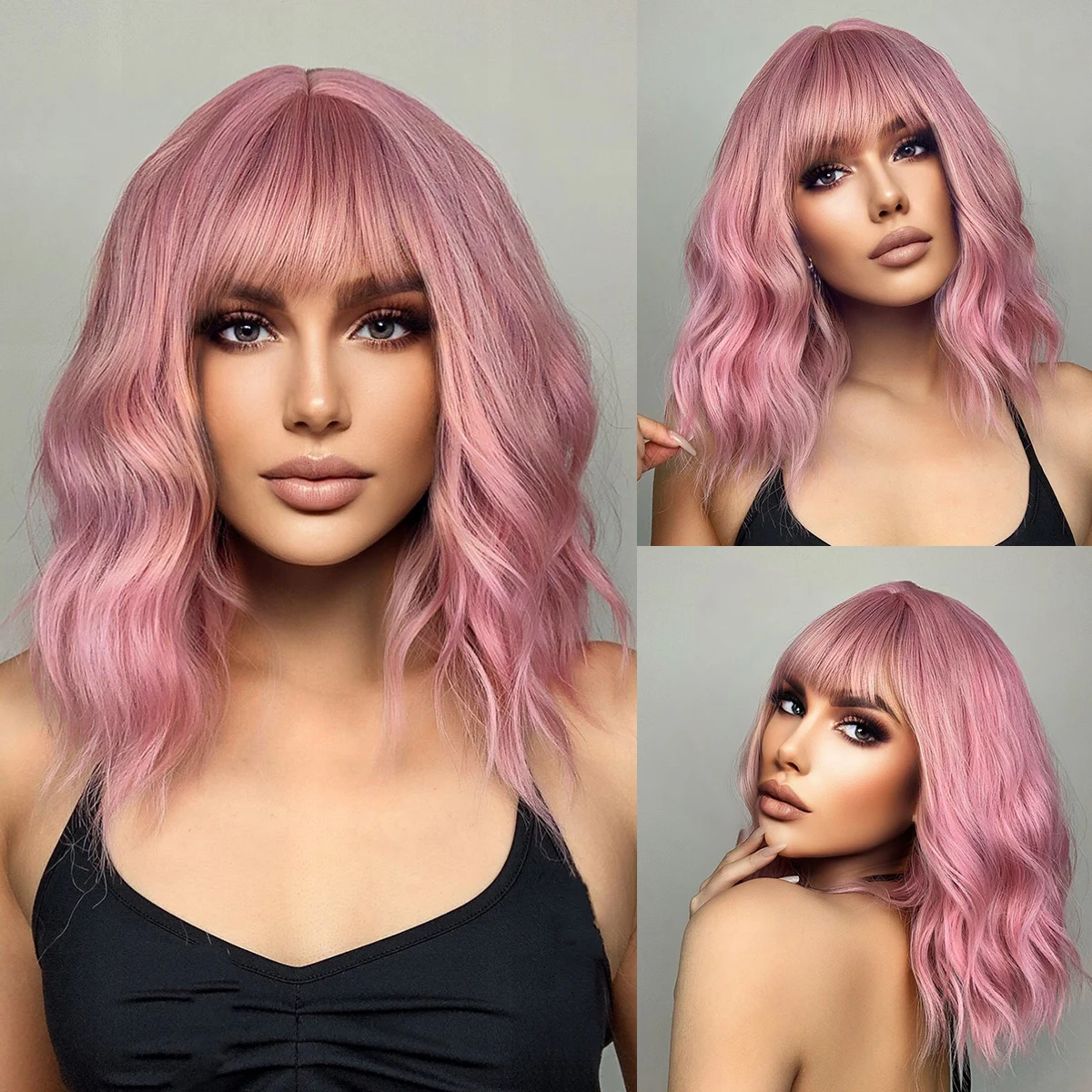 thumbnail image 1 of Pelucas sintéticas CharmSource BOBO de color rosa, peluca de cabello corto con ondas naturales para mujer, para fiestas, uso diario, de alta densidad, resistente al calor, 1 of 5