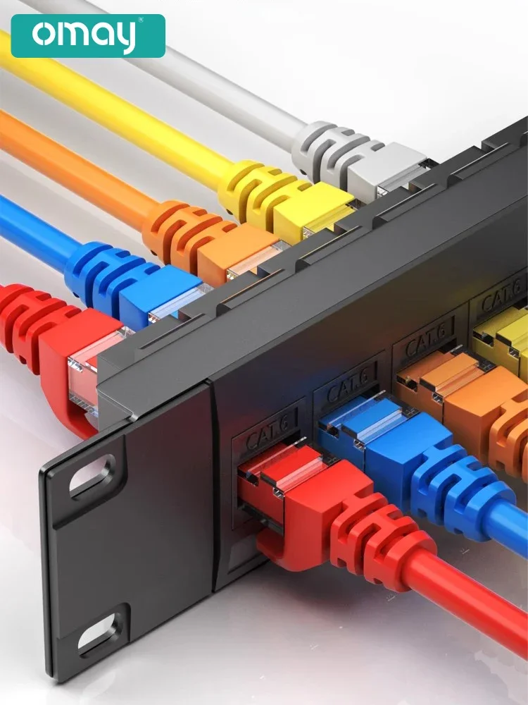 OMAY 키스톤 잭 모듈러 프레임 패치 패널 캐비닛 랙, 패스 스루 RJ45 케이블 어댑터, 19 인치 1U 24 포트, CAT6 