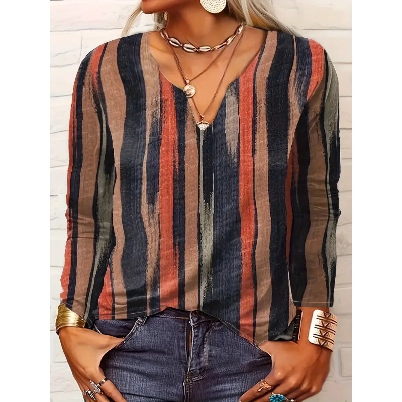 Women Casual Comfortable Plus Size 1XL-7XL Long Sleeve Top Fashion V-neck Striped Breathable T-shirt Women