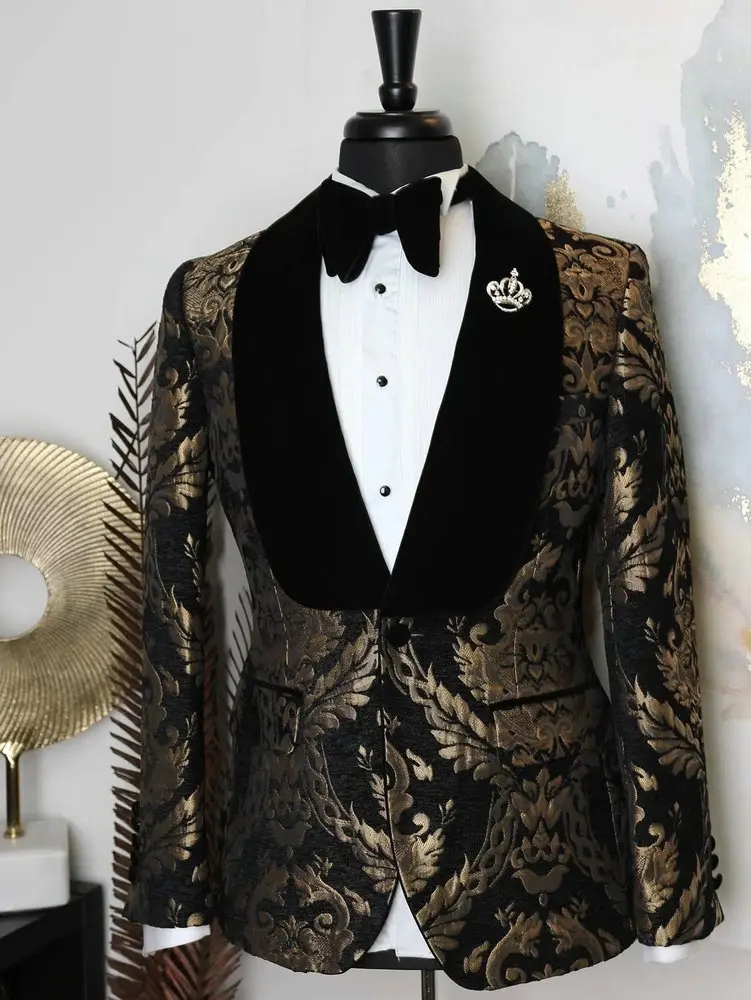 New Elegant Costume Homme Shawl Lapel Black Jacquard Dinner Party Groom Wear Men Wedding Suits For Men Prom Tuxedo Blazer