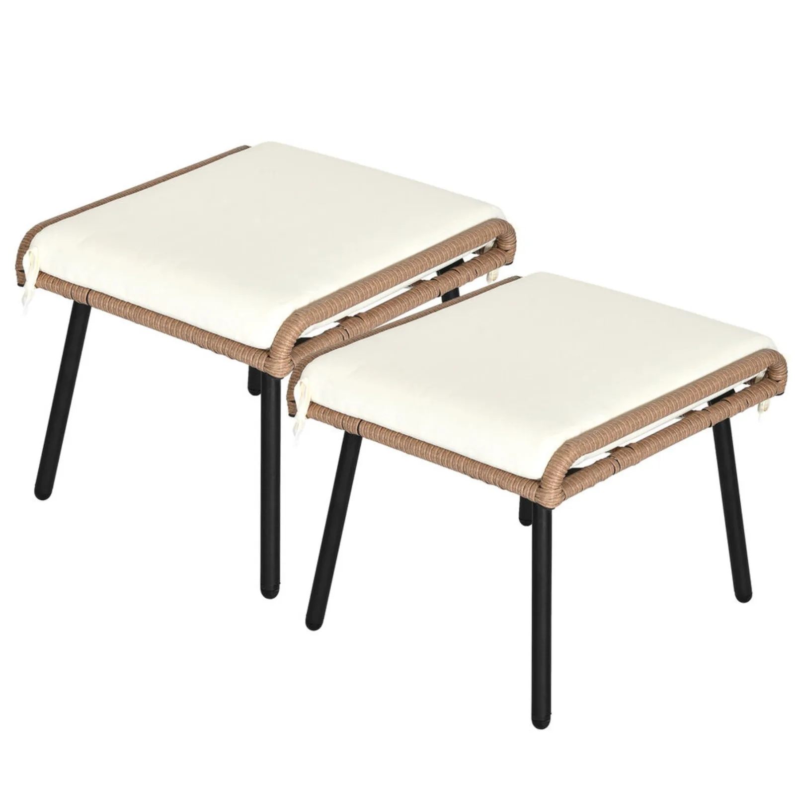 US 2 PCS Patio PE Rattan Ottomans Outdoor Stool Footrest Seats with Soft Cushions