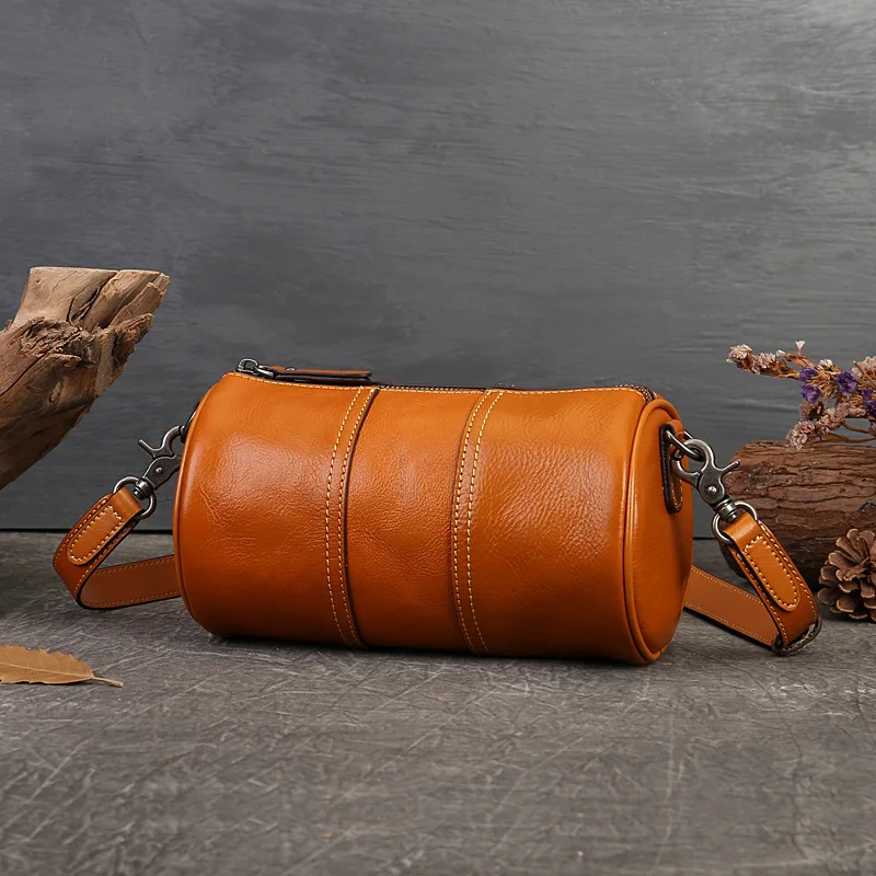 

Shoulder Messenger Bag with High Sense Cylinder Bag Leather Large Capacity Retro National Style Pillow Bag Female
